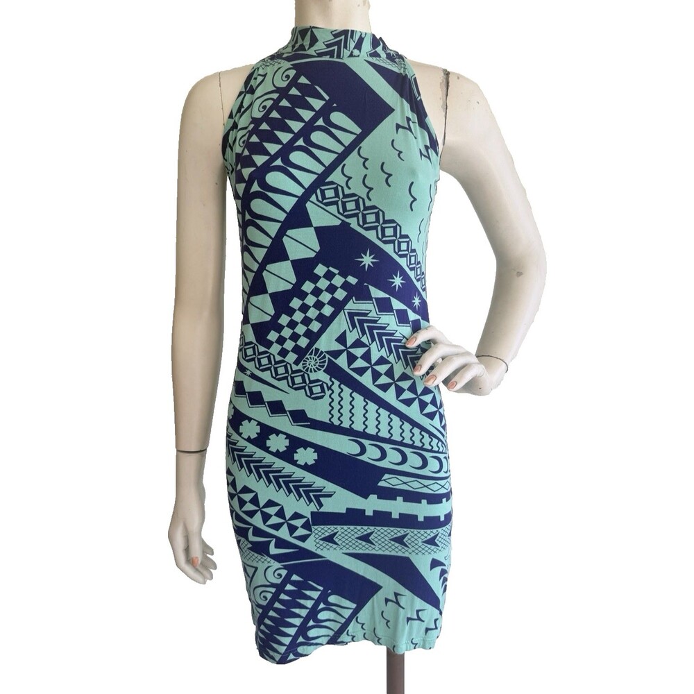 MISSING POLYNESIA Dress Sleeveless Halter Pencil Hawaiian Aloha Tribal Size S